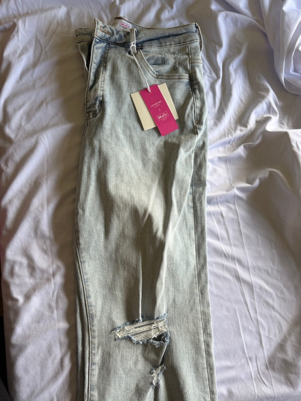 High-Rise Light Blue Wide Leg Jeans with Knee Distress